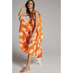 Anthropologie Womens XS Phoebe Flounced Maxi Dress Orange Embroidered Pockets